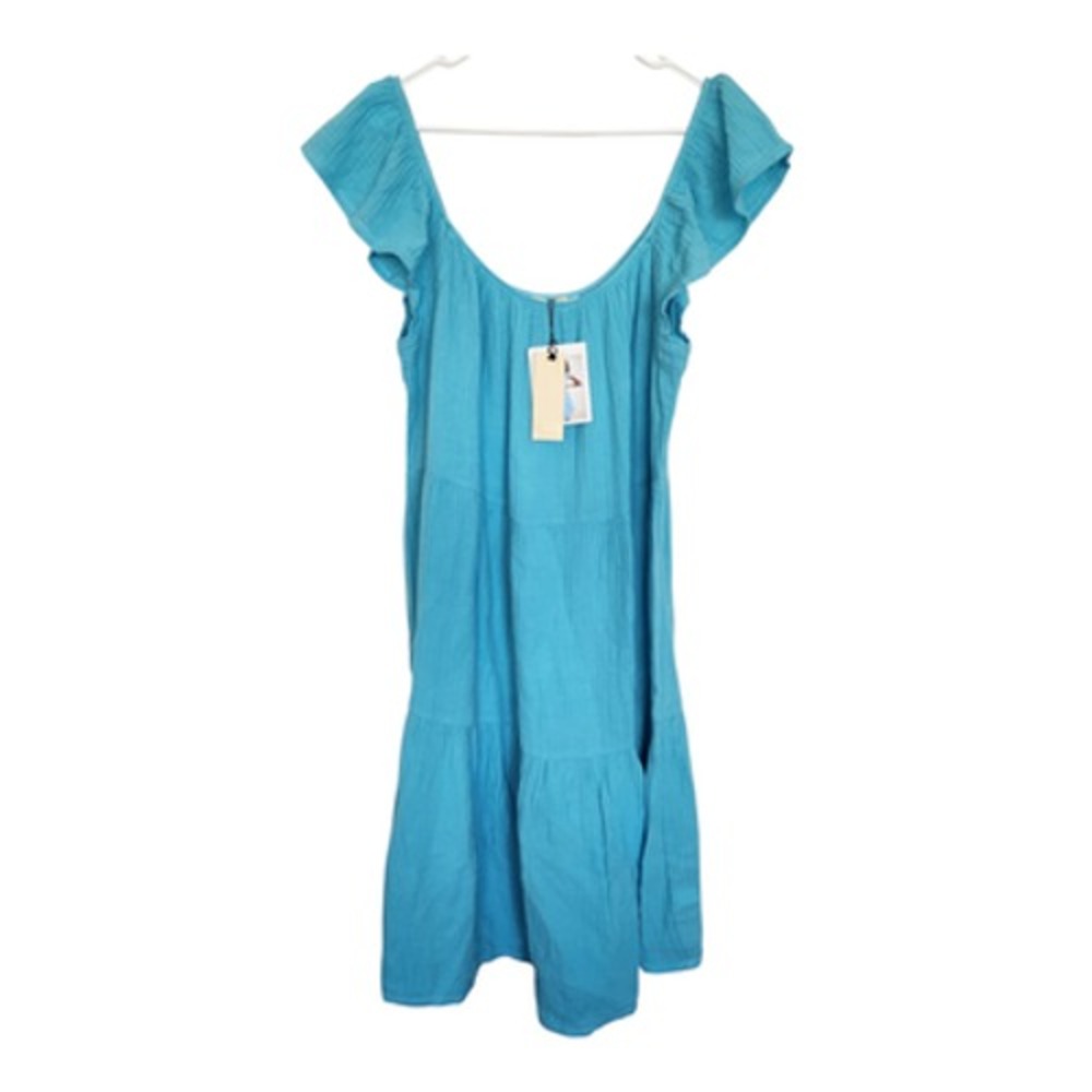 Nation LTD Women XXL Blue Cotton Gauze‎ Tiered Flutter Sleeve Midi Dress New